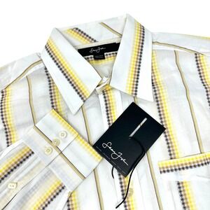 SEAN JOHN White Long Sleeve Dress Shirt Brown Yellow Stripes Hip Hop NWT Large